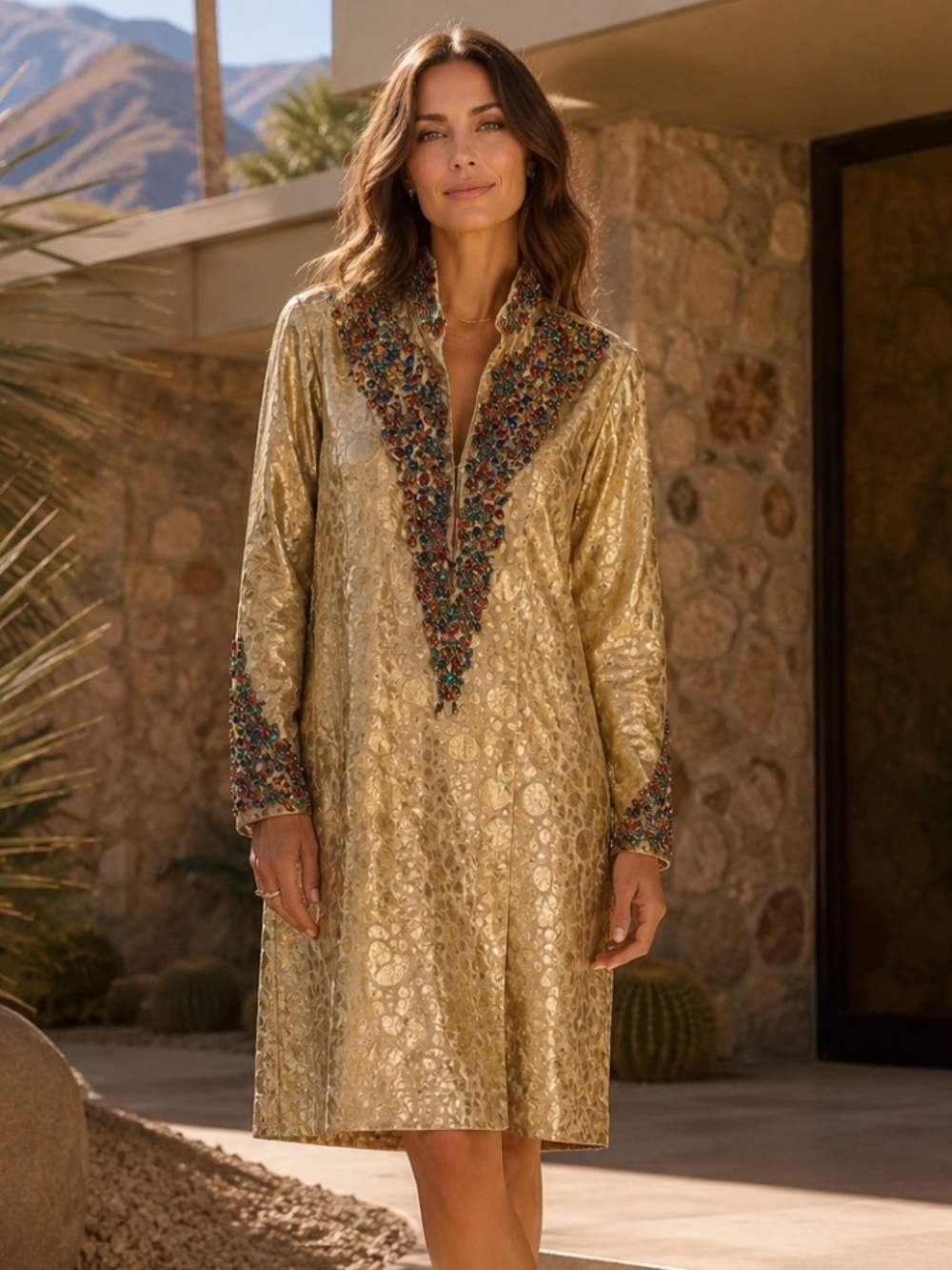 Handmade Gold Beaded Tunic Dress Women’s Small 38 Bust Shimmery Knee Length